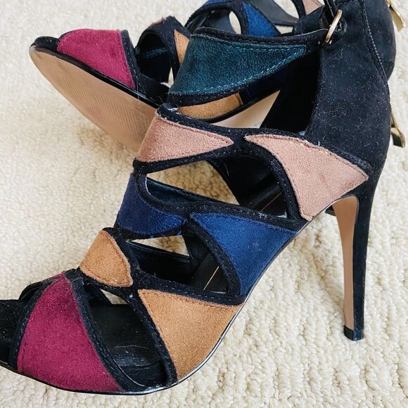 XOXO Dressy Sandals Black & Multi Color Strappy High Heels Shoes Ankle Buckle 8M - Picture 1 of 12